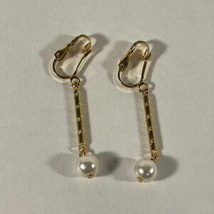 Faux Pearl Gold Clip-On Dangle Earrings